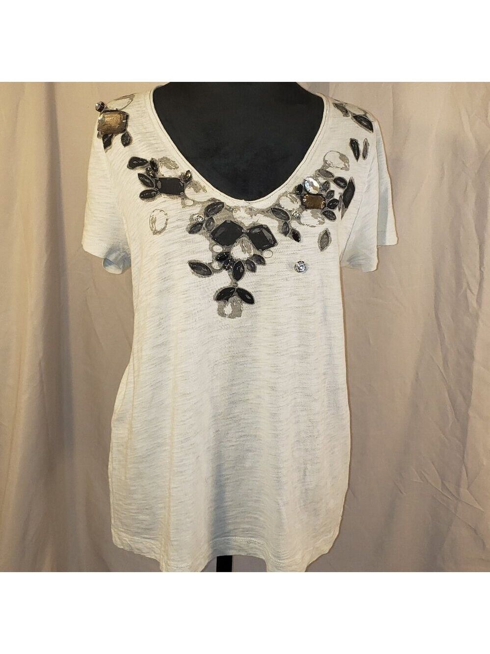 Women's J Crew White and Black Jeweled  Short Sleeve Top - L